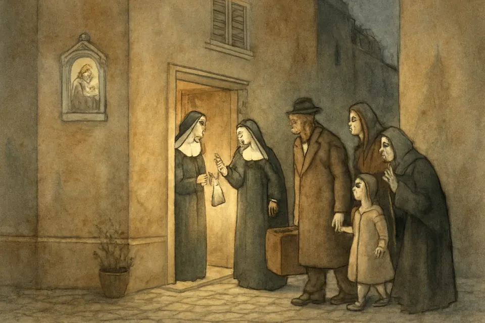 Watercolor-style scene of nuns in an old Roman convent welcoming a frightened family with suitcases through a side door at night in 1943