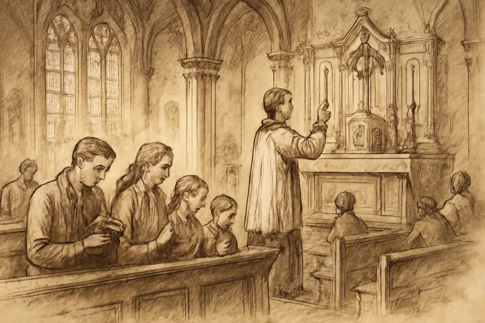Oil-painting-style illustration of a family kneeling in a pew in a quiet church before Mass, the father reading from a small prayer book while the candles are being lit