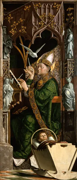 Gothic panel of Ambrose in a green cope and white miter seated at a writing desk under a carved canopy, a dove at his ear and an infant in a cradle at his feet