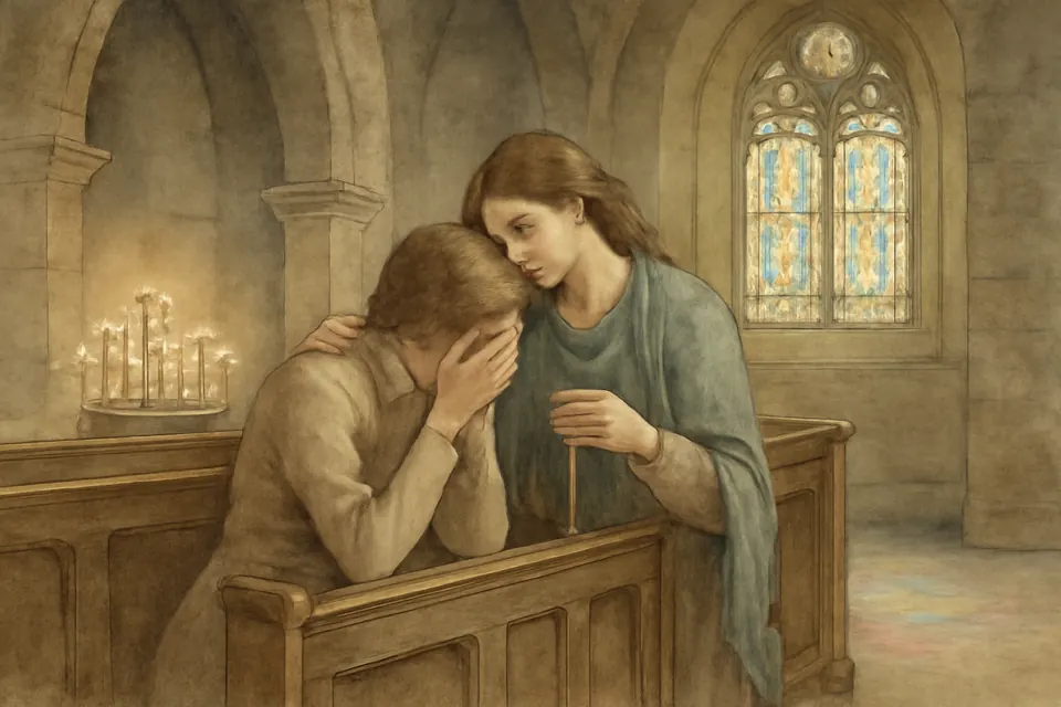 Watercolor-style illustration of two young women kneeling side by side in a quiet church pew, one with her arm around the other as they pray