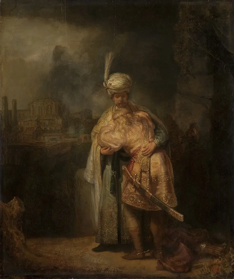Jonathan in a rich turban and robe holds the weeping young David in a long embrace before a distant city at dusk