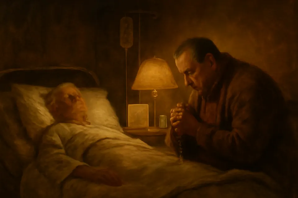 Oil-painting-style illustration of two elderly men in a hospital room, one in bed and the other in a chair beside him holding a rosary and praying