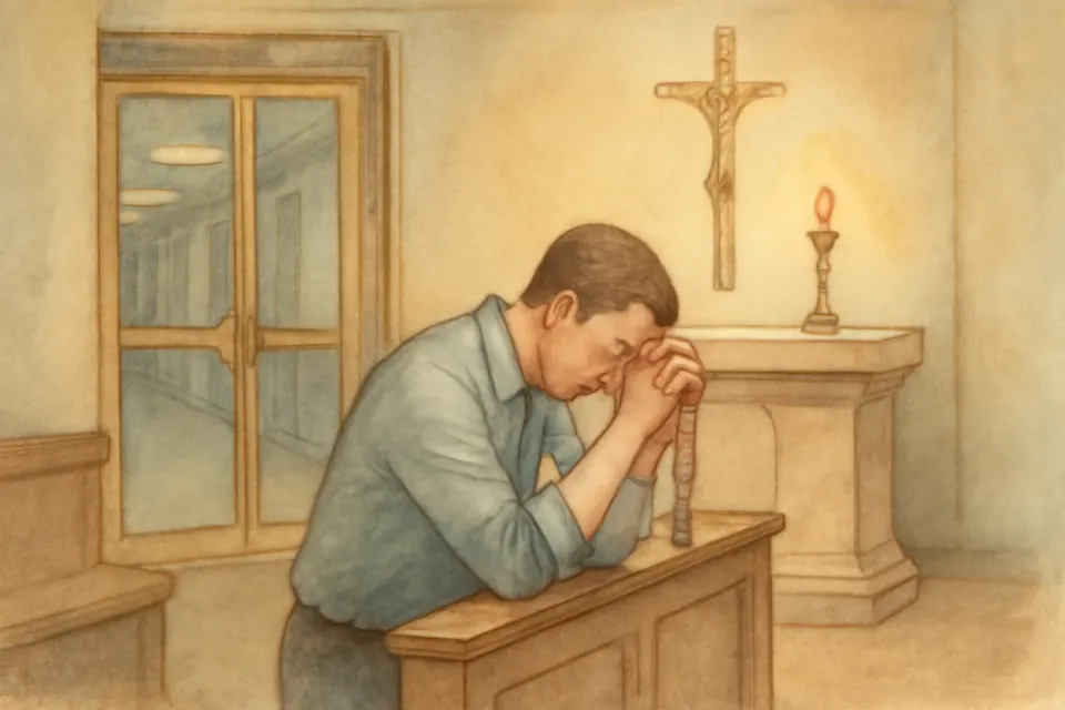 Ilustración en estilo acuarela de un padre arrodillado a solas en la capilla de un hospital, de noche, con un rosario entre las manos