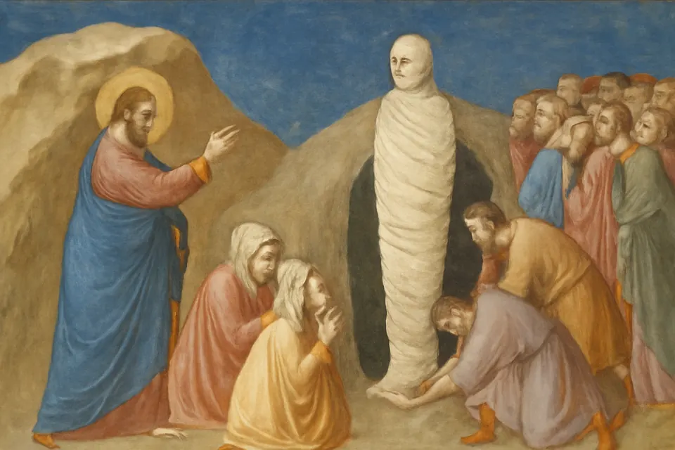 Escena en estilo fresco de Cristo llamando a Lázaro fuera del sepulcro, mientras Marta y María se arrodillan a sus pies