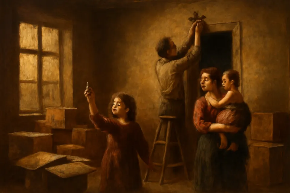Oil-painting-style illustration of a young family hanging a crucifix on the wall of their new home among unpacked moving boxes