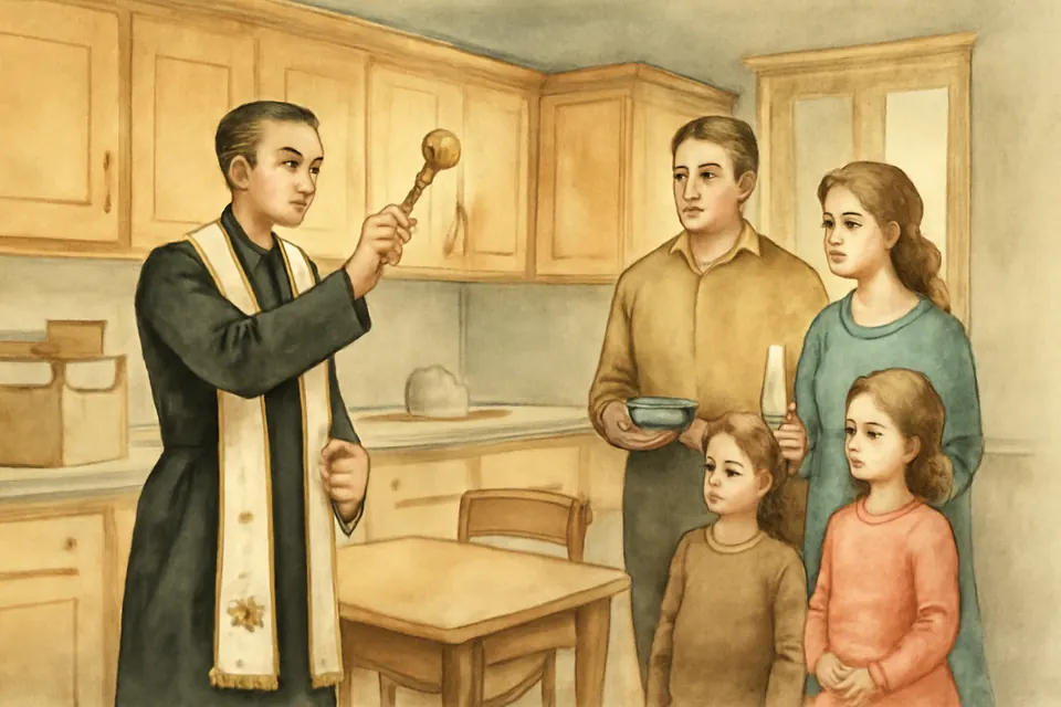 Watercolor-style illustration of a priest in a white stole sprinkling holy water in the kitchen of a new home while a family follows him with a lit candle