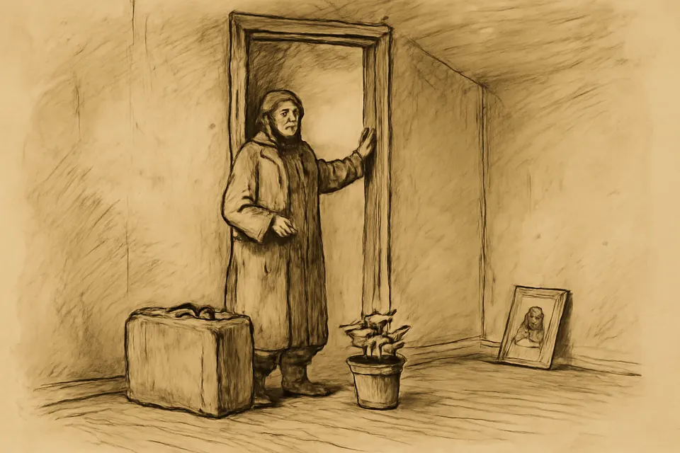 Ink-drawing-style illustration of an elderly widow standing in the doorway of her small new apartment with a suitcase, holding a rosary