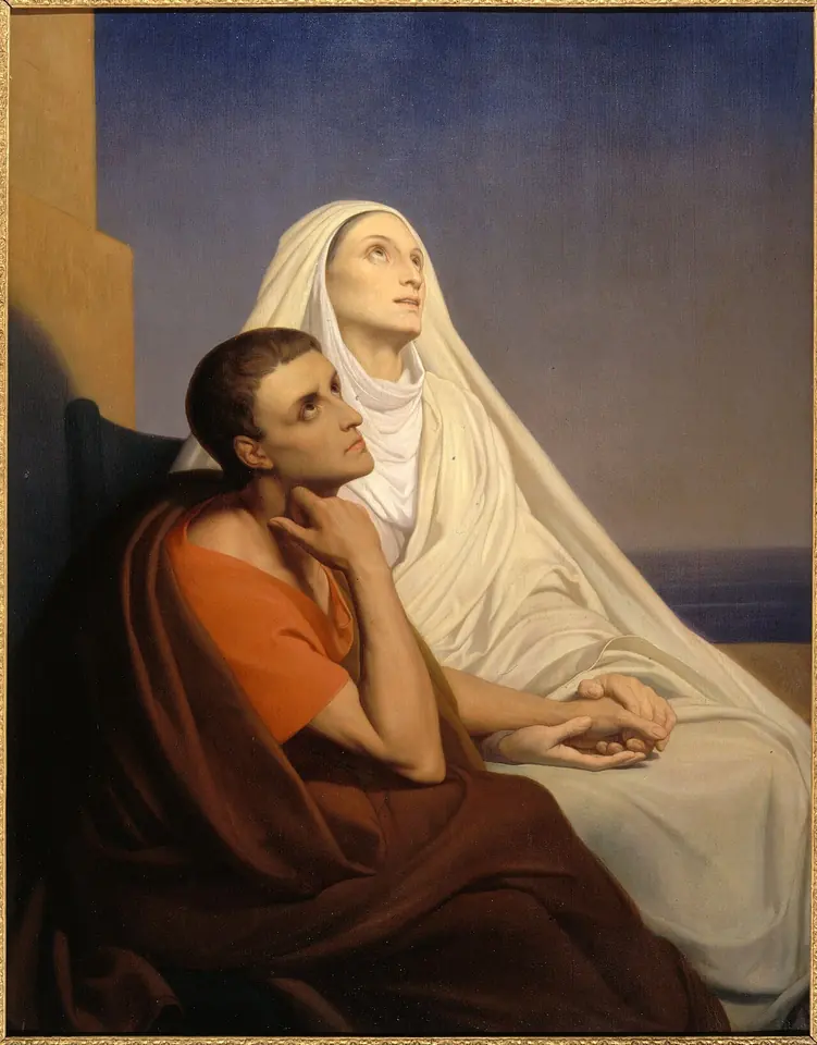 St. Monica in white and St. Augustine in a dark robe sit side by side at a window, holding hands and looking up toward the sky