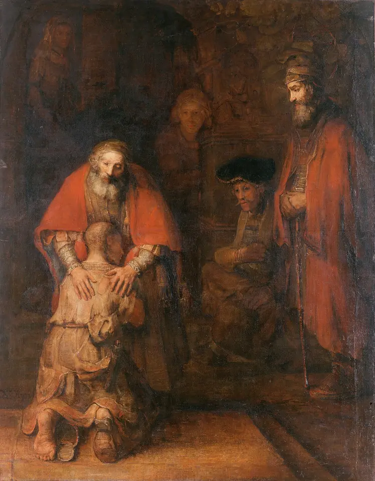 An old father in a red cloak bends over his ragged, shaven-headed son, who kneels with his face pressed against his father's chest, while the elder brother watches