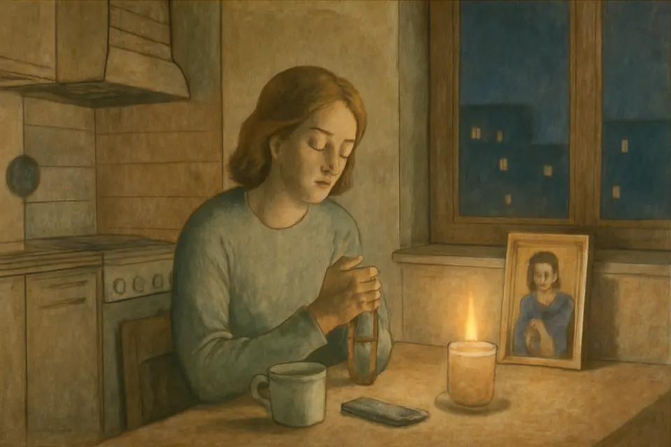 Watercolor-style illustration of a young woman sitting at a kitchen table late at night, holding a rosary, with a lit candle before a small picture of Our Lady