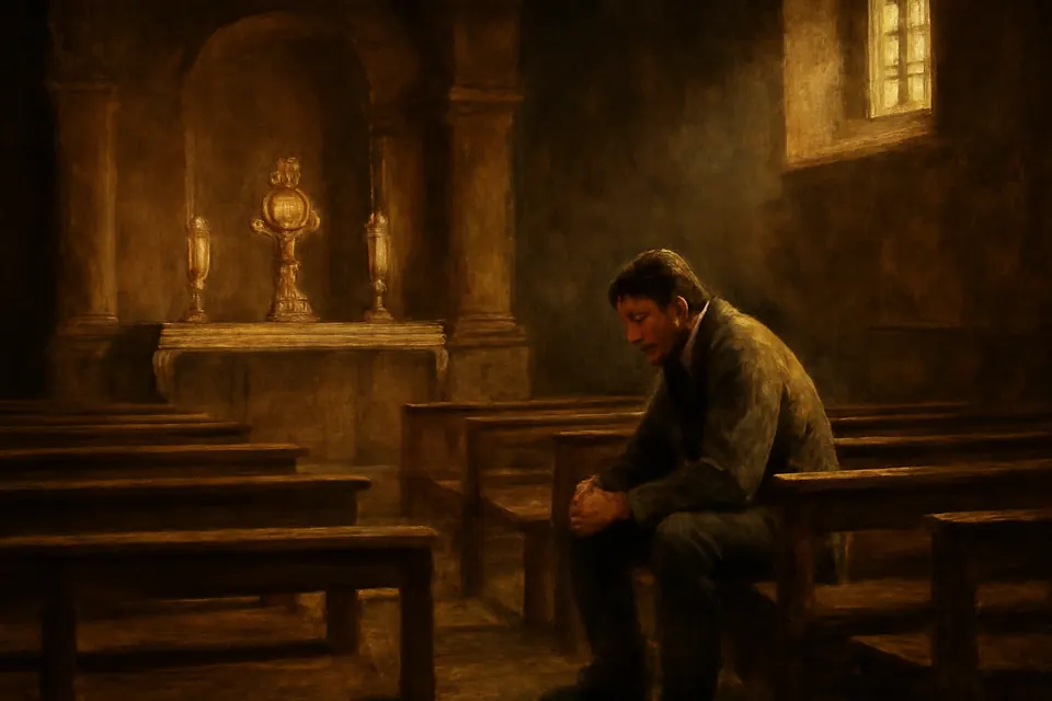 Oil-painting-style illustration of a man in work clothes sitting quietly before the Blessed Sacrament exposed in a monstrance in an empty church
