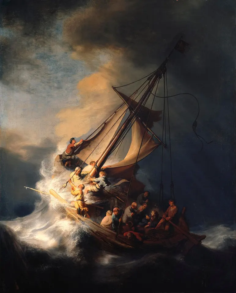 Painting of a small fishing boat tossed on a huge wave in a storm, its sail torn, the terrified disciples struggling with the ropes while Christ sits calmly in the stern