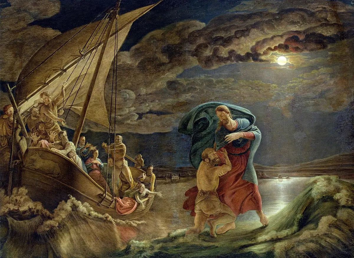 Unfinished moonlit painting of Christ on the waves grasping St. Peter, who is sinking beside a fishing boat full of watching disciples