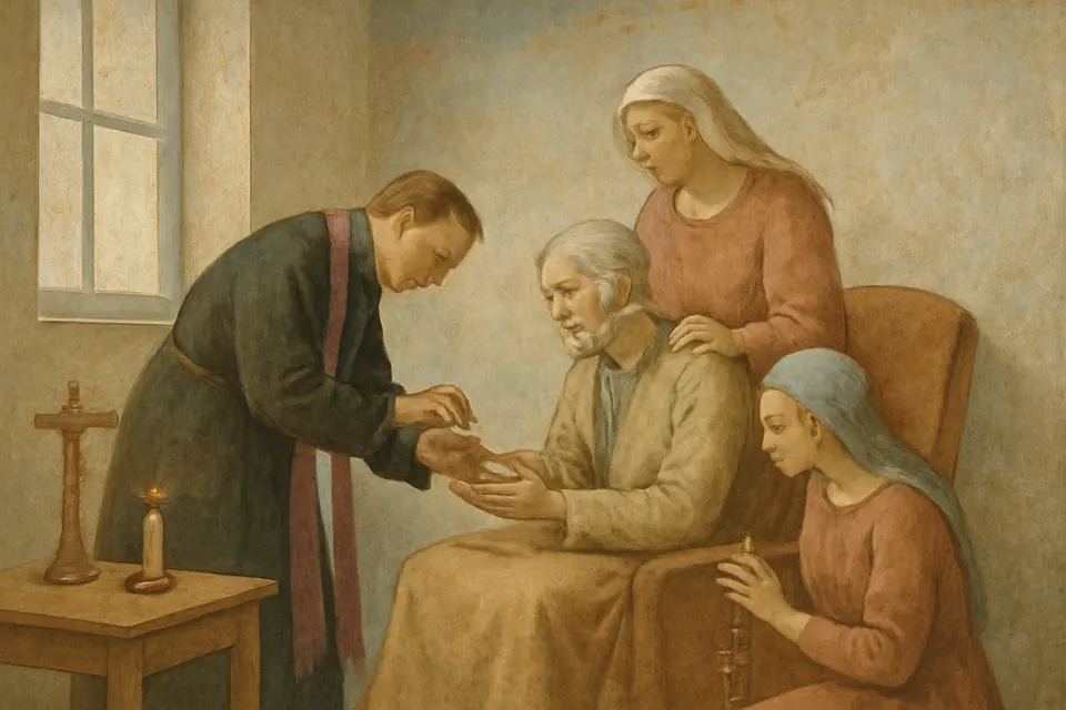 Fresco-style illustration of a priest anointing the hands of an elderly man sitting in an armchair at home while his wife and grown daughter pray