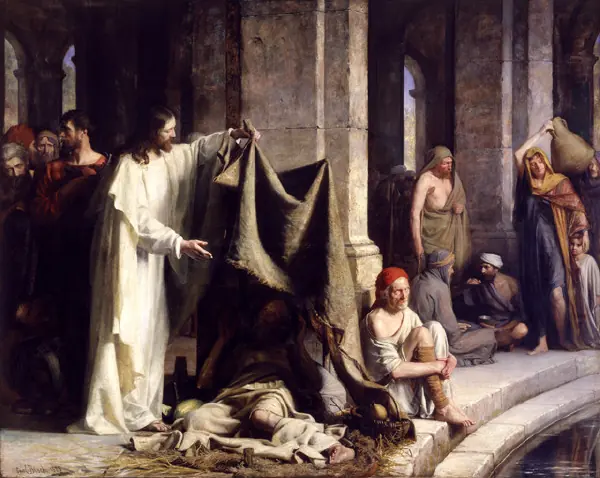 Christ in a white robe lifts a canopy of cloth to reveal a sick man lying on the ground beside the pool of Bethesda, while other sick people sit along the colonnade