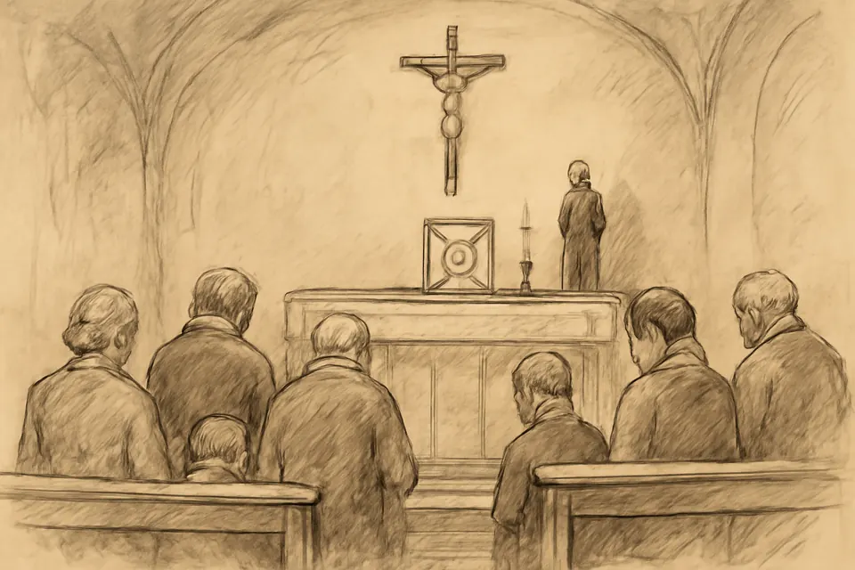 Ink-drawing-style illustration of parishioners kneeling in a small chapel praying together for a sick friend, a photograph and candle before the altar