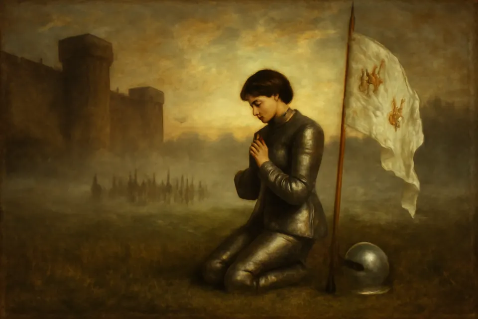 Oil-painting-style illustration of a young woman in armor kneeling in prayer before a battle, her banner planted beside her and her helmet on the ground
