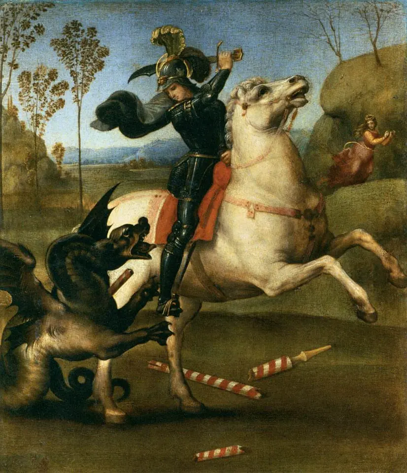 St. George in black armor on a rearing white horse raises his sword over a winged dragon, a broken lance on the ground and the princess fleeing in the background