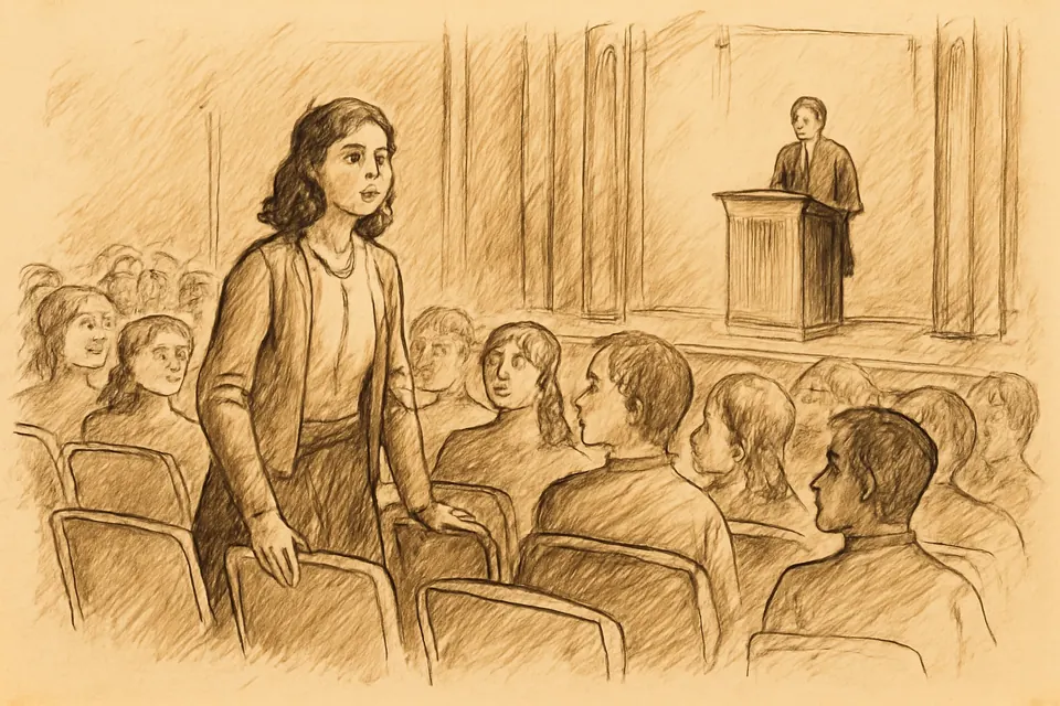 Ink-drawing-style illustration of a teenage girl standing up alone from her seat in a school auditorium to speak while others look on