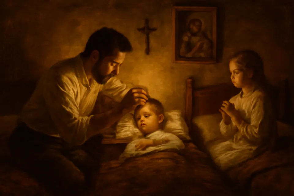 Oil-painting-style illustration of a father tracing the sign of the cross on his small son's forehead at bedtime while his daughter waits her turn
