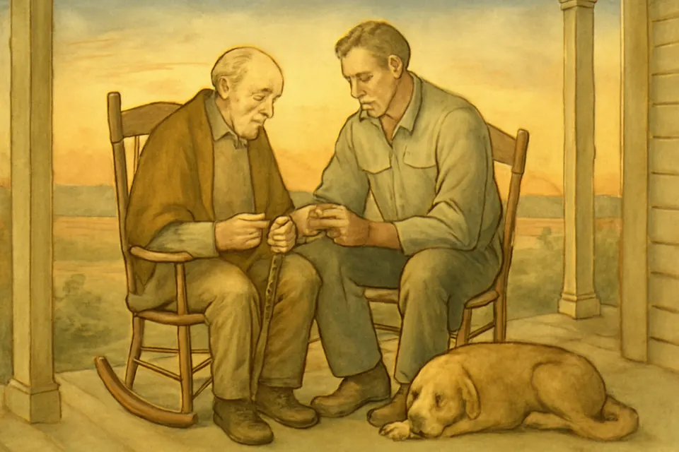 Watercolor-style illustration of a grown son sitting with his elderly father on a porch, the two praying the rosary together in the evening