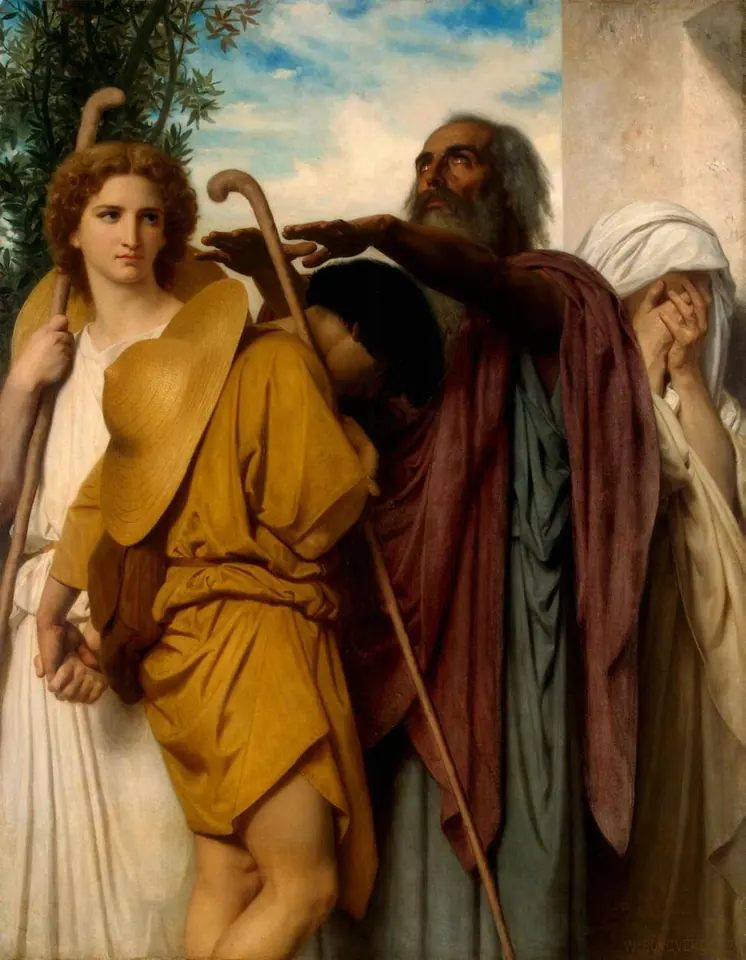 The blind old Tobias, gray-bearded and leaning on a staff, lays his hand on the head of his young son in a yellow tunic as the archangel Raphael waits to lead the boy on his journey and the mother weeps