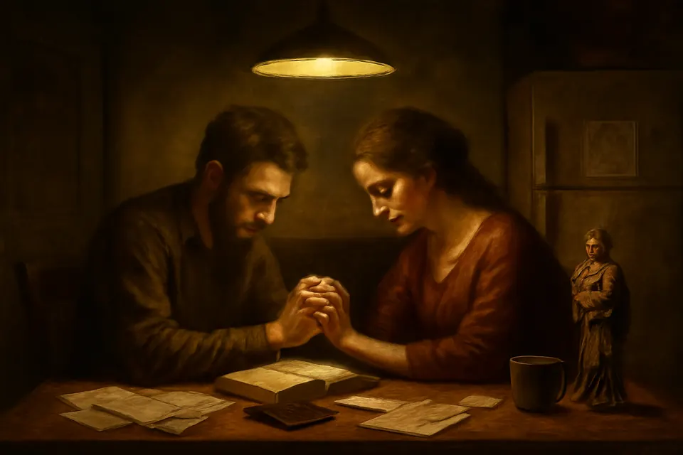 Oil-painting-style illustration of a husband and wife praying together at a kitchen table covered with bills, a small statue of St. Joseph beside them