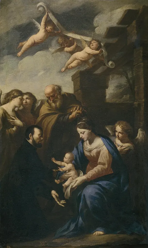 St. Cajetan in a black cassock kneels before the Virgin Mary holding the Christ Child, with St. Joseph behind her and cherubs above