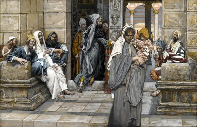 A poor widow in gray robes walks through a crowded courtyard of the Temple in Jerusalem toward the treasury chests, past seated men in white