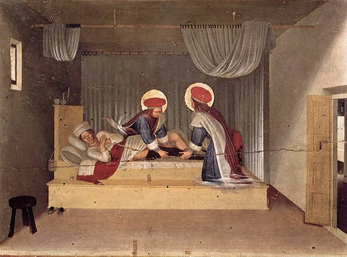 Two haloed physicians in red robes tend a sleeping man in a bed in a plain room with curtains drawn back
