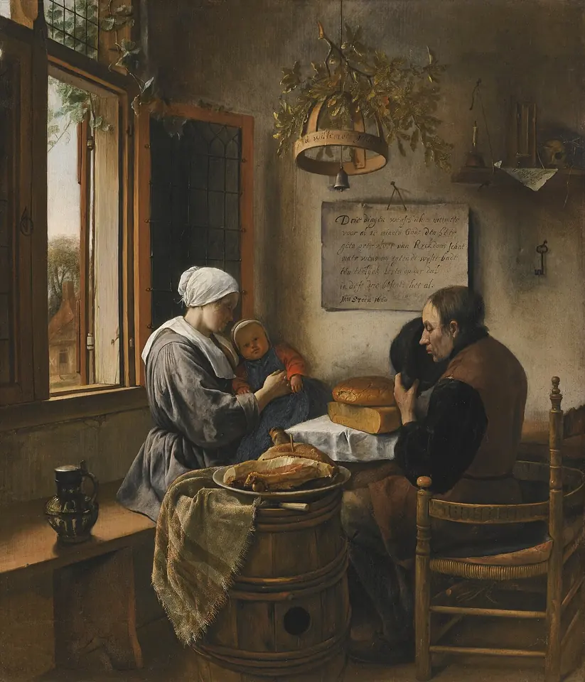 A Dutch mother and father bow their heads in prayer at a simple table with bread and cheese while their small child folds its hands, sunlight falling through a window