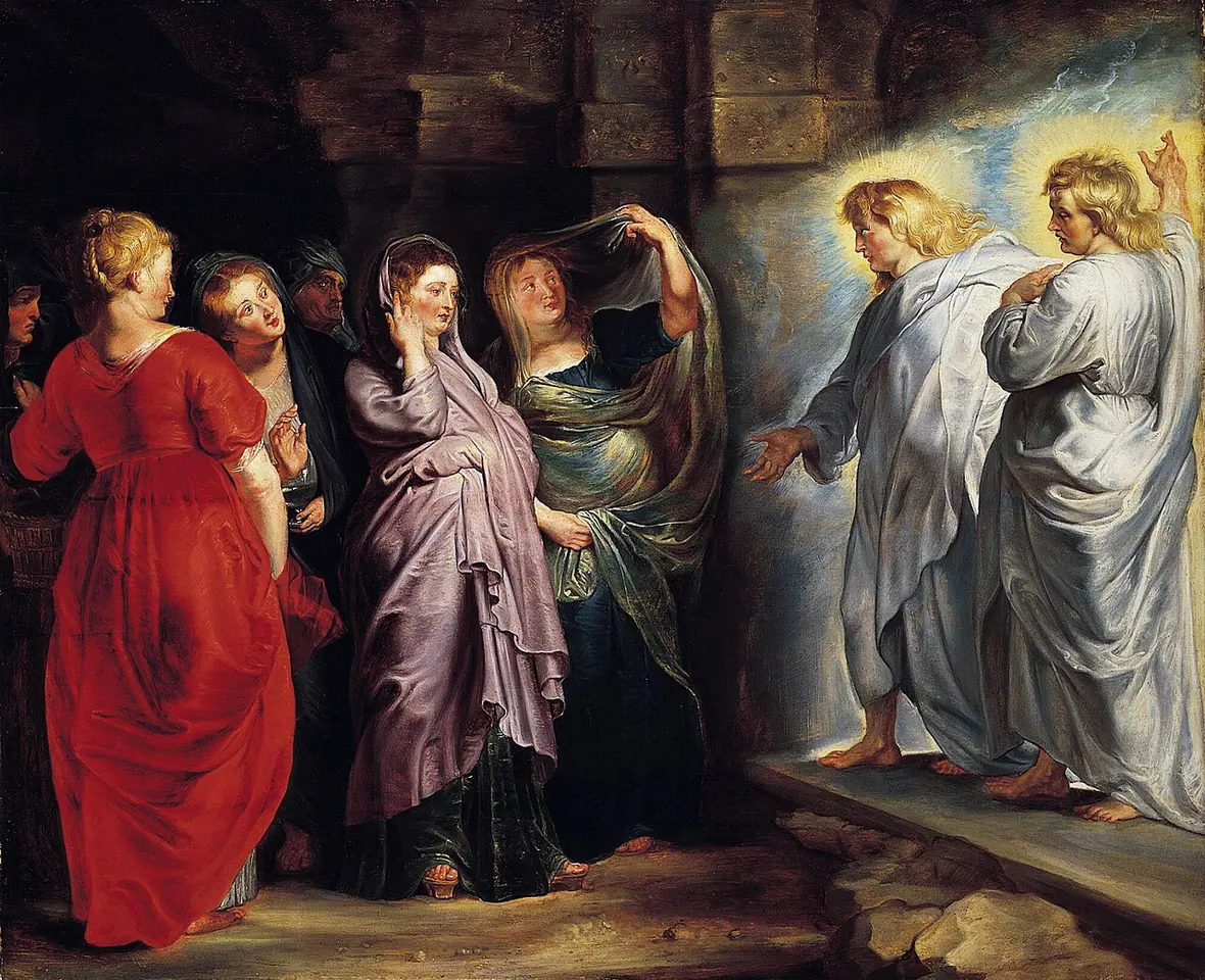 Women in rich robes carrying spices stop in wonder at the open tomb, where two angels in shining white tell them that Christ is risen