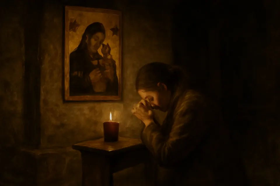 Oil-painting-style illustration of a weary woman kneeling alone in a dim church before an icon of Our Lady of Perpetual Help, a candle lit in front of her