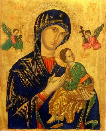 The icon of Our Mother of Perpetual Help, Mary in a dark blue veil with a star holding the Christ Child, who grasps her hand, with two small angels carrying the instruments of the Passion on a gold background