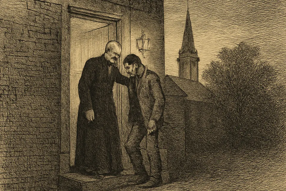 Engraving-style illustration of an elderly priest laying a hand on the shoulder of a young man who has come to him for help at the door of a rectory