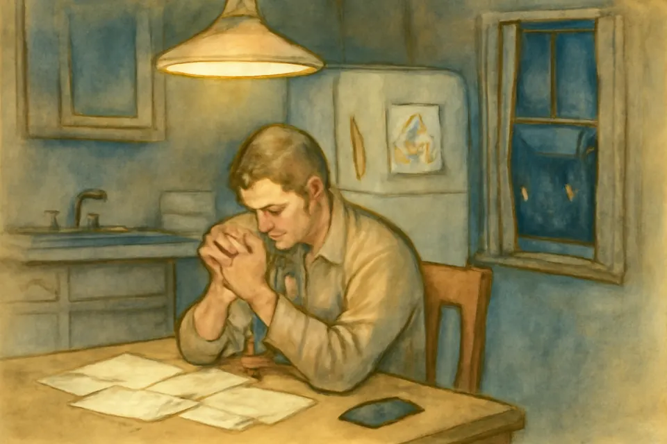 Watercolor-style illustration of a man sitting at a kitchen table late at night with unpaid bills spread before him, head bowed over a rosary