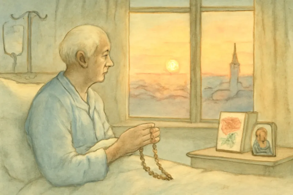 Watercolor-style illustration of an elderly man in a hospital bed watching the sunrise through the window, a rosary in his hands