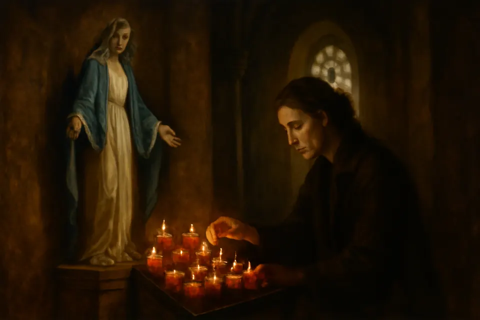 Oil-painting-style illustration of a young widow lighting a votive candle before a statue of Our Lady in an empty church at dawn