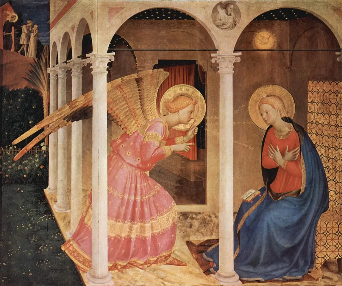 The angel Gabriel in pink and gold bows toward the Virgin Mary, who sits in a blue mantle under a portico with her arms crossed over her breast