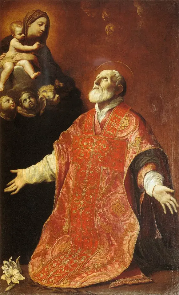 St. Philip Neri, white-bearded, in a red chasuble, kneels with arms open and looks up at the Virgin and Child appearing in the clouds with angels
