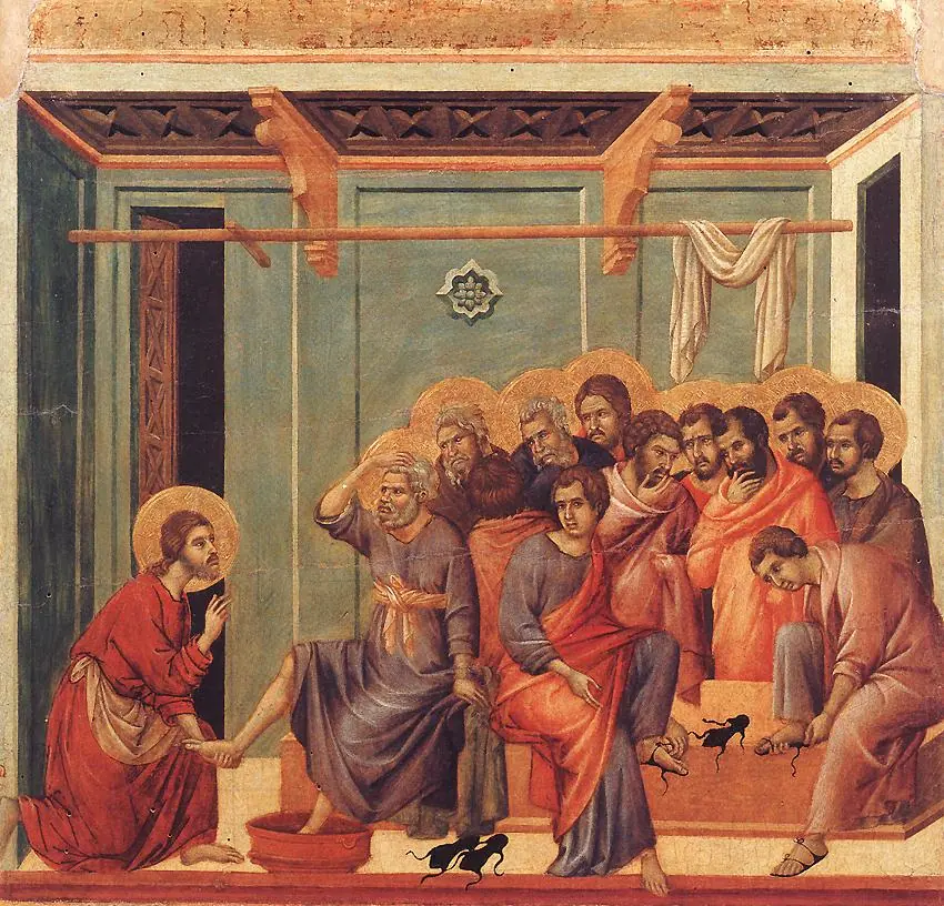 Christ kneels with a basin before St. Peter, who raises his hand in protest, while the other apostles sit in rows behind him