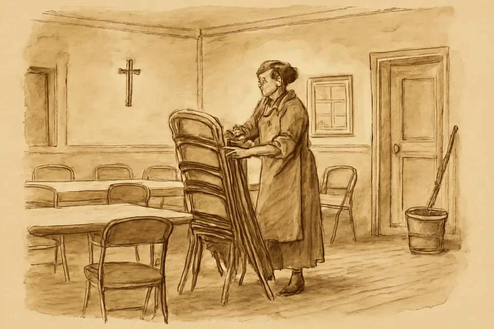 Ink-drawing-style illustration of a woman in an apron quietly stacking chairs alone in a parish hall after a gathering