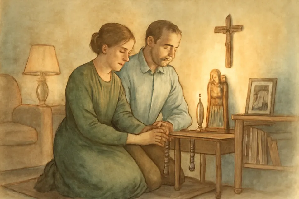 Oil-painting-style illustration of a husband and wife in their forties kneeling together at a small home altar in the evening, praying before a statue of the Holy Family