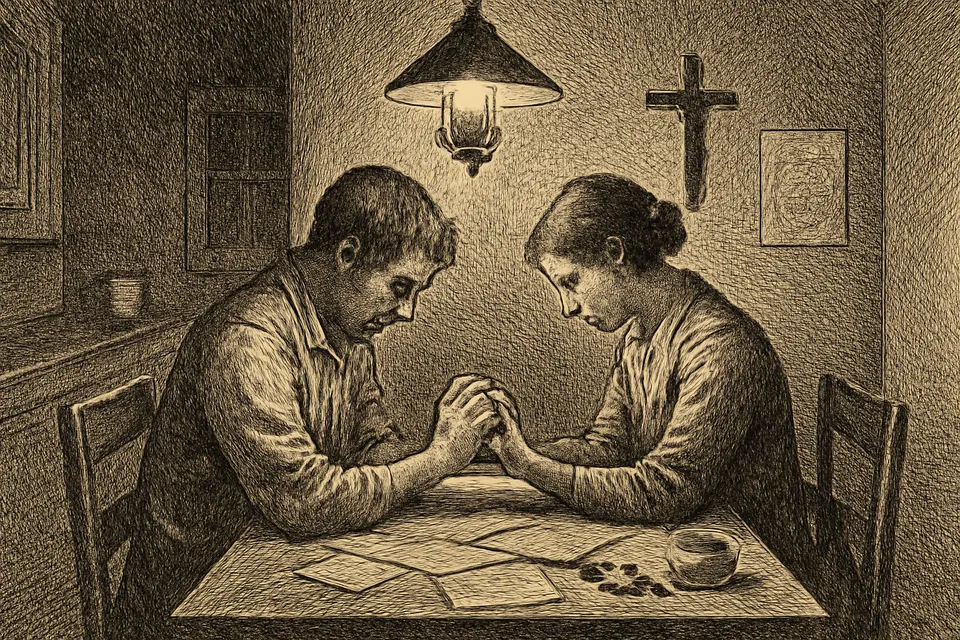 Engraving-style illustration of a young husband and wife sitting at a kitchen table at night with bills spread out, praying with joined hands
