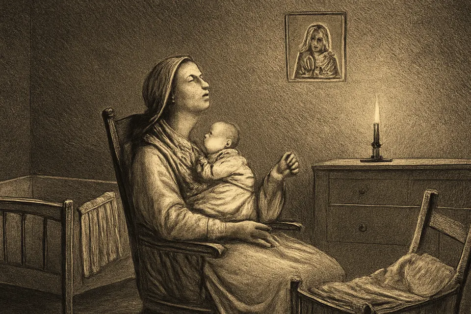 Oil-painting-style illustration of a young mother holding her sleeping baby while she prays before an icon of the Virgin and Child by candlelight