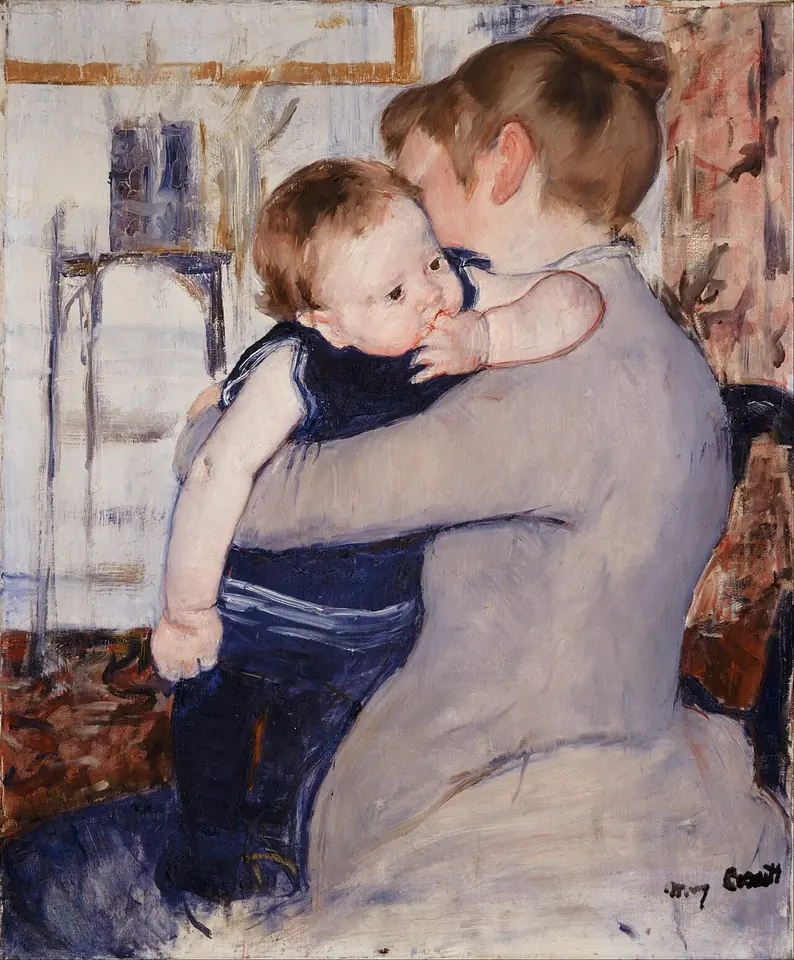 A mother in a gray dress hugs her small child in a dark blue dress, who looks out over her shoulder with wide eyes