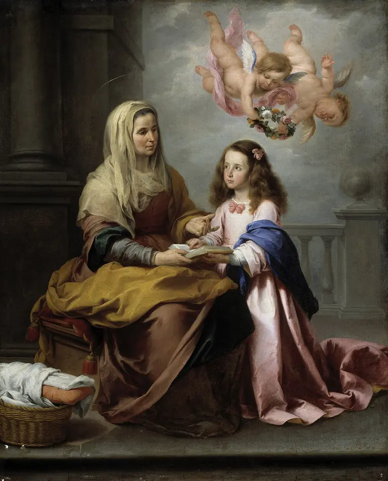 St. Anne in a golden mantle sits with a book open on her lap, teaching her young daughter Mary, who wears a pink dress and blue mantle, while two cherubs bring a wreath of roses from above