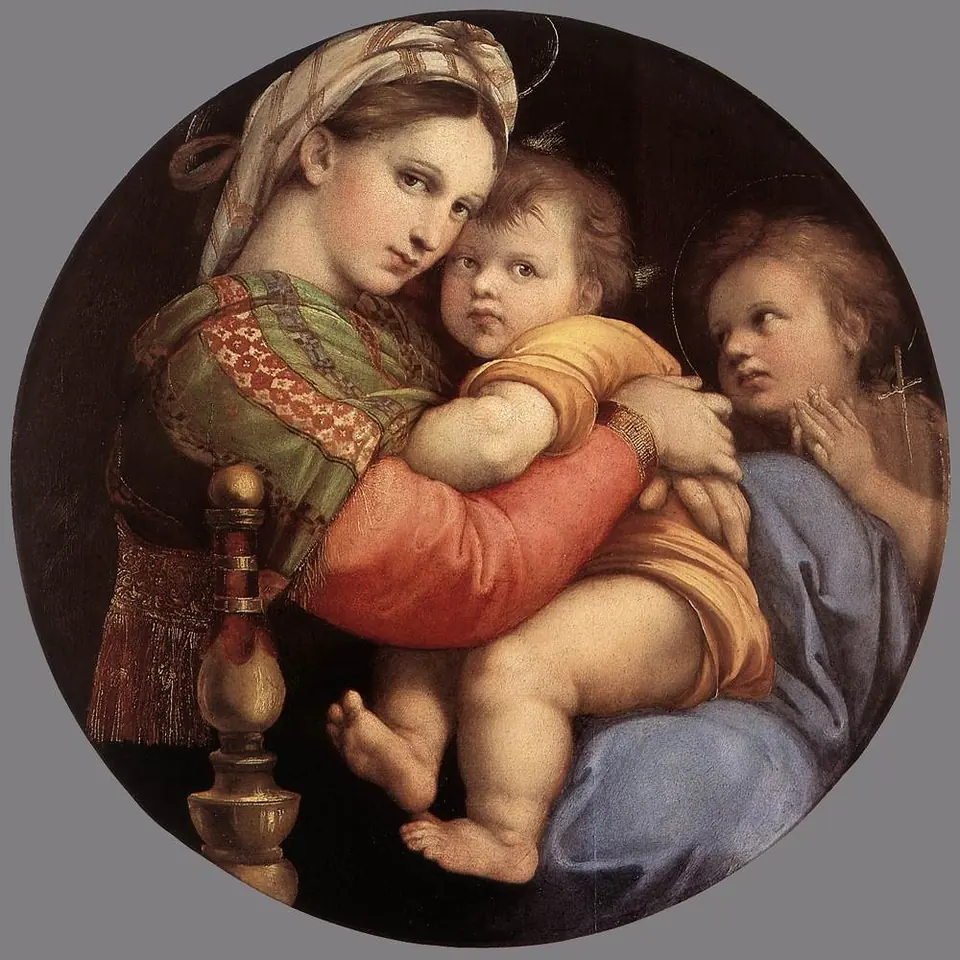 Round painting of the Virgin Mary in a striped shawl seated in a chair, holding the Christ Child close against her cheek while the young St. John the Baptist looks on