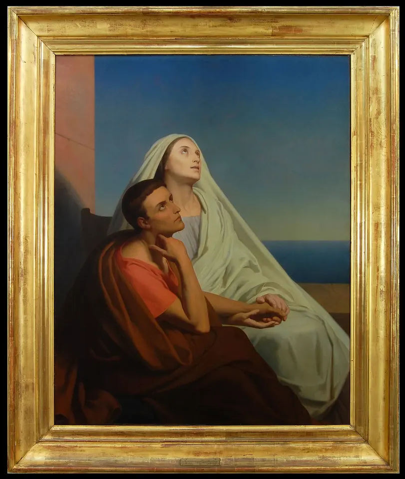 St. Monica in a white veil and St. Augustine in a red cloak sit side by side at a window over the sea, she gazing up toward heaven and he holding her hand