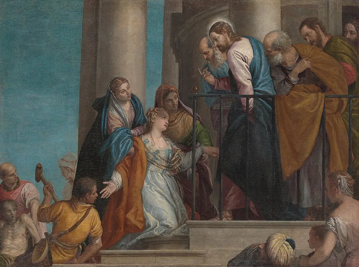 Christ, surrounded by his apostles on the steps of a classical building, reaches toward the widow of Nain, who kneels before him as her son is raised from his bier